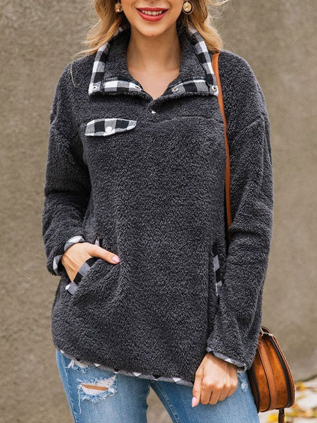 Teddy Bear Plaid Button Pockets Long Sleeves Pullover Sweatshirt
