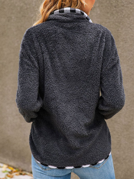 Teddy Bear Plaid Button Pockets Long Sleeves Pullover Sweatshirt