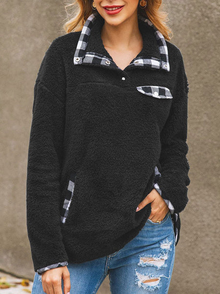 Teddy Bear Plaid Button Pockets Long Sleeves Pullover Sweatshirt