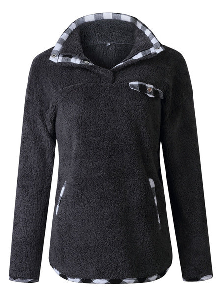 Teddy Bear Plaid Button Pockets Long Sleeves Pullover Sweatshirt