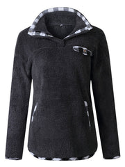 Teddy Bear Plaid Button Pockets Long Sleeves Pullover Sweatshirt