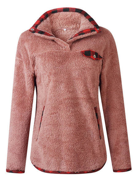 Teddy Bear Plaid Button Pockets Long Sleeves Pullover Sweatshirt