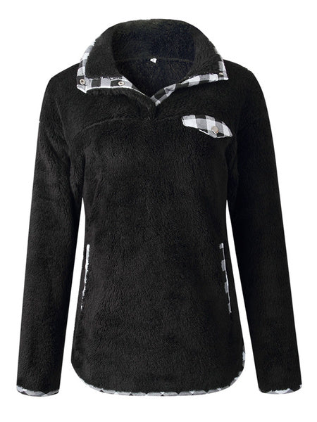Teddy Bear Plaid Button Pockets Long Sleeves Pullover Sweatshirt