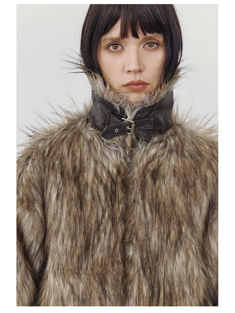 Thick Patchwork Faux Faux Fur SHort Warm Zipper Long Sleeve Elegant Jacket