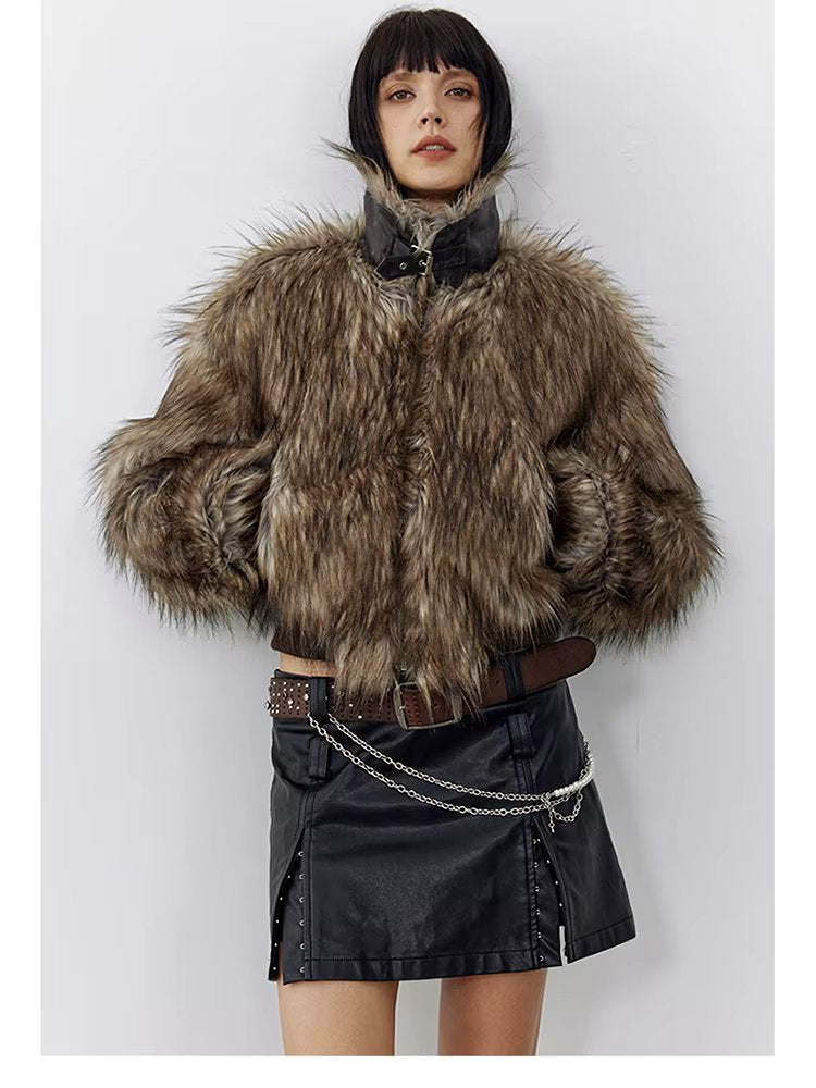 Thick Patchwork Faux Faux Fur SHort Warm Zipper Long Sleeve Elegant Jacket