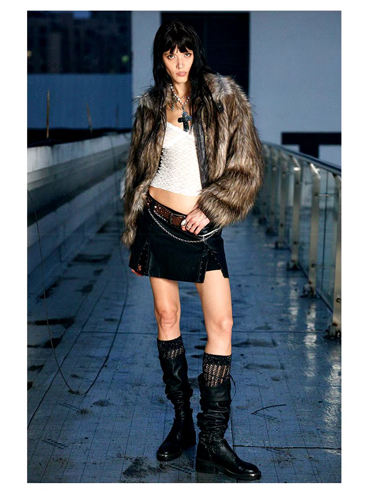Thick Patchwork Faux Faux Fur SHort Warm Zipper Long Sleeve Elegant Jacket