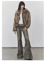 Thick Patchwork Faux Faux Fur SHort Warm Zipper Long Sleeve Elegant Jacket