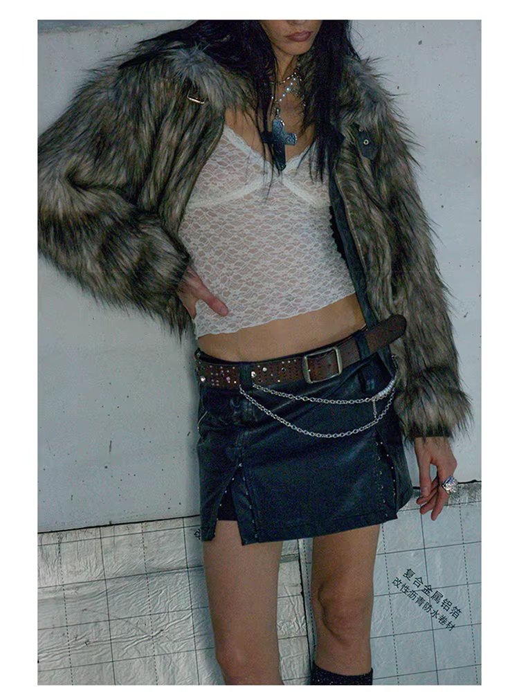 Thick Patchwork Faux Faux Fur SHort Warm Zipper Long Sleeve Elegant Jacket