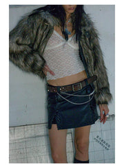 Thick Patchwork Faux Faux Fur SHort Warm Zipper Long Sleeve Elegant Jacket