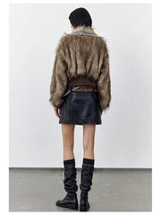 Thick Patchwork Faux Faux Fur SHort Warm Zipper Long Sleeve Elegant Jacket