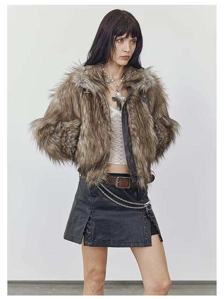 Thick Patchwork Faux Faux Fur SHort Warm Zipper Long Sleeve Elegant Jacket