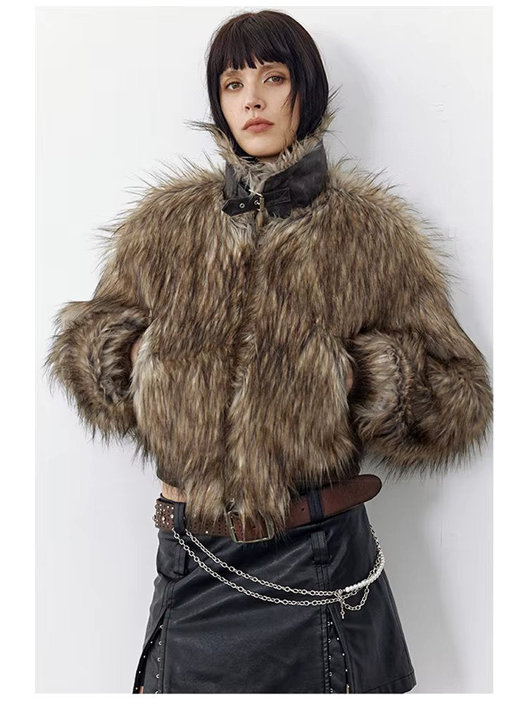 Thick Patchwork Faux Faux Fur SHort Warm Zipper Long Sleeve Elegant Jacket