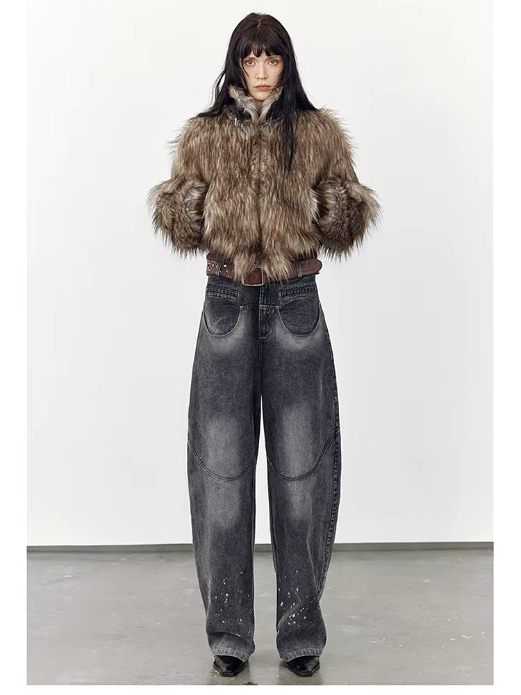 Thick Patchwork Faux Faux Fur SHort Warm Zipper Long Sleeve Elegant Jacket