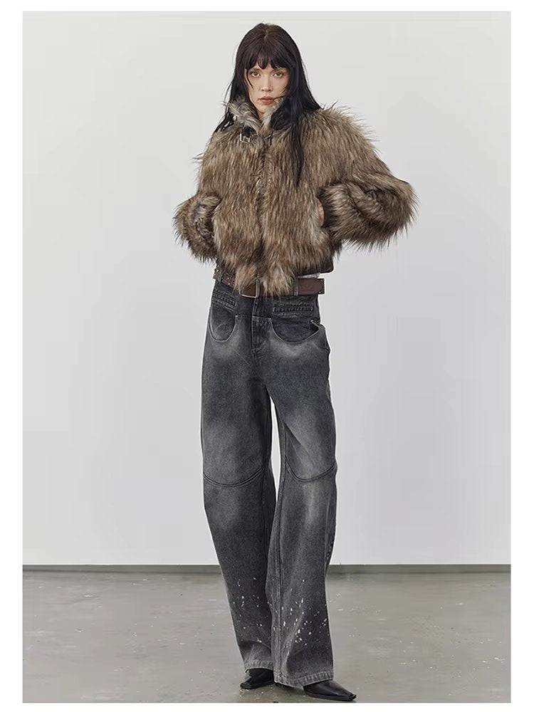 Thick Patchwork Faux Faux Fur SHort Warm Zipper Long Sleeve Elegant Jacket