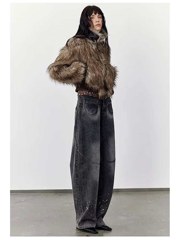 Thick Patchwork Faux Faux Fur SHort Warm Zipper Long Sleeve Elegant Jacket