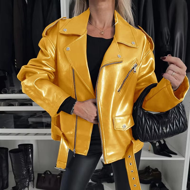 Trend Suit Collar Solid Color Short Glossy Zipper Leather Jackets