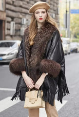 Trendy Bat Sleeved Covered Button Pockets Real Raccoon Fur Street wear Coat