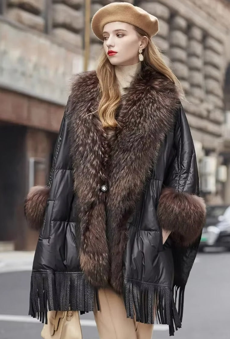Trendy Bat Sleeved Covered Button Pockets Real Raccoon Fur Street wear Coat