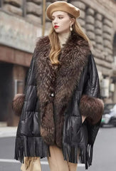 Trendy Bat Sleeved Covered Button Pockets Real Raccoon Fur Street wear Coat