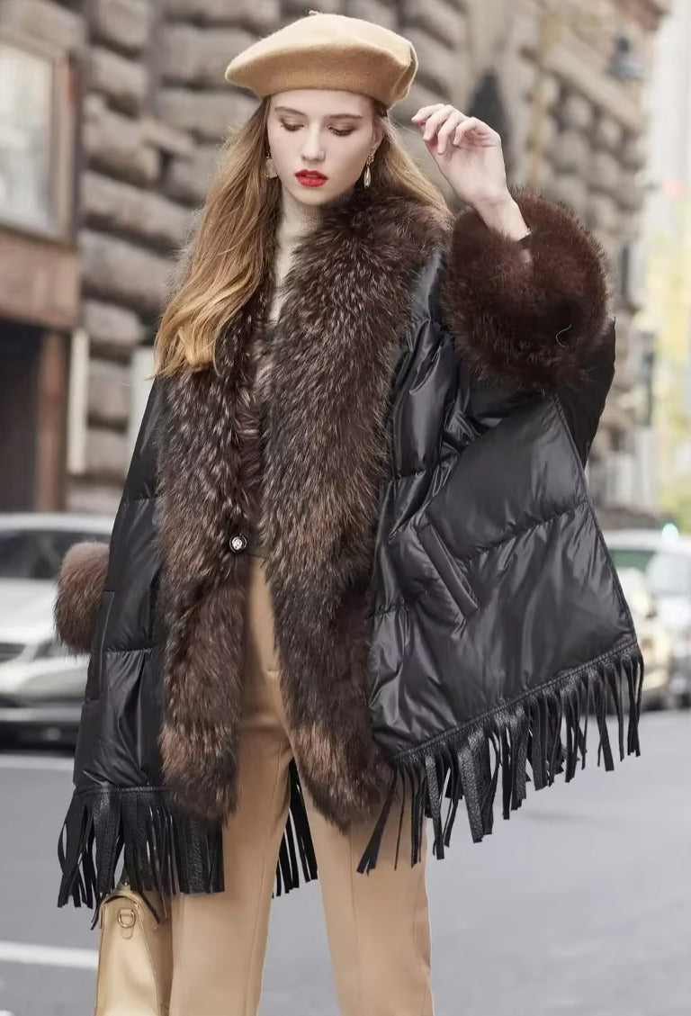 Trendy Bat Sleeved Covered Button Pockets Real Raccoon Fur Street wear Coat