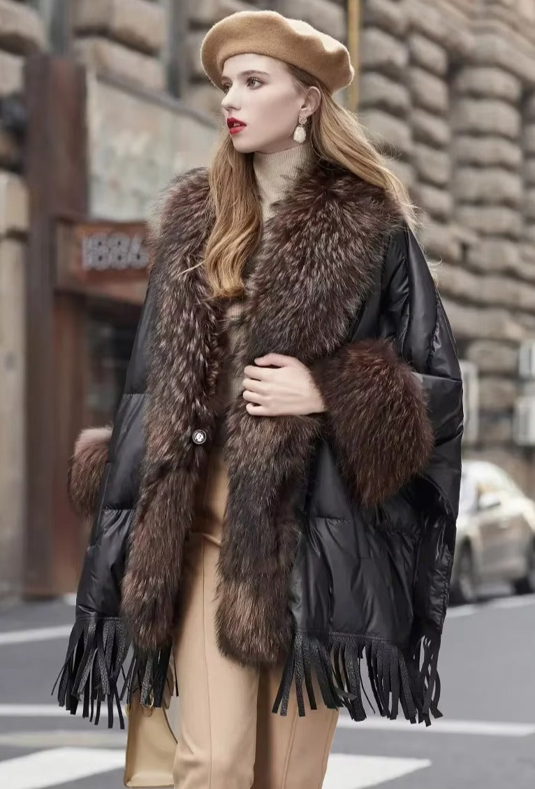 Trendy Bat Sleeved Covered Button Pockets Real Raccoon Fur Street wear Coat