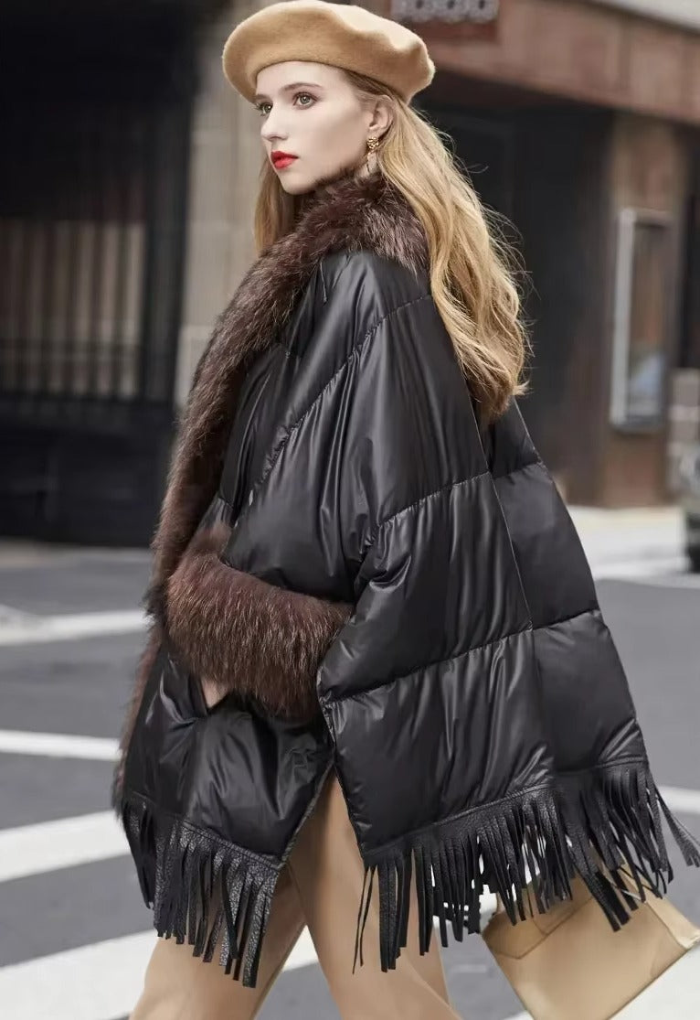 Trendy Bat Sleeved Covered Button Pockets Real Raccoon Fur Street wear Coat