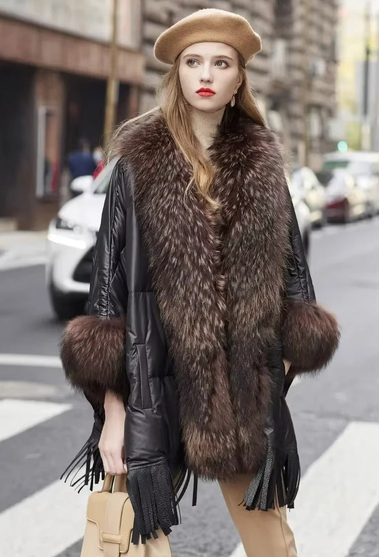 Trendy Bat Sleeved Covered Button Pockets Real Raccoon Fur Street wear Coat