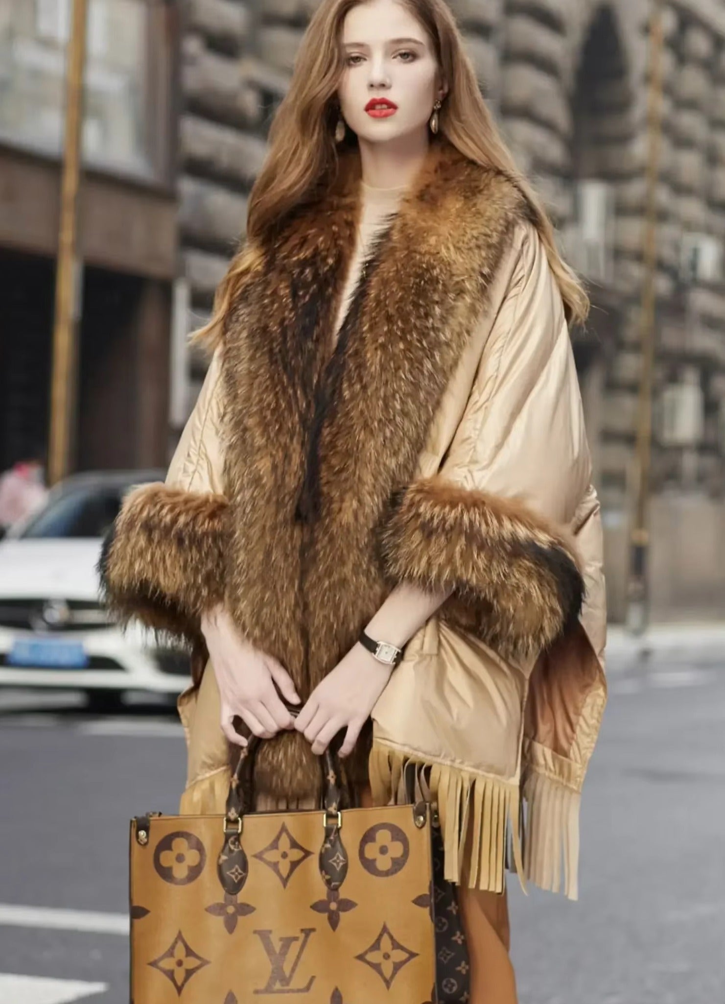 Trendy Bat Sleeved Covered Button Pockets Real Raccoon Fur Street wear Coat