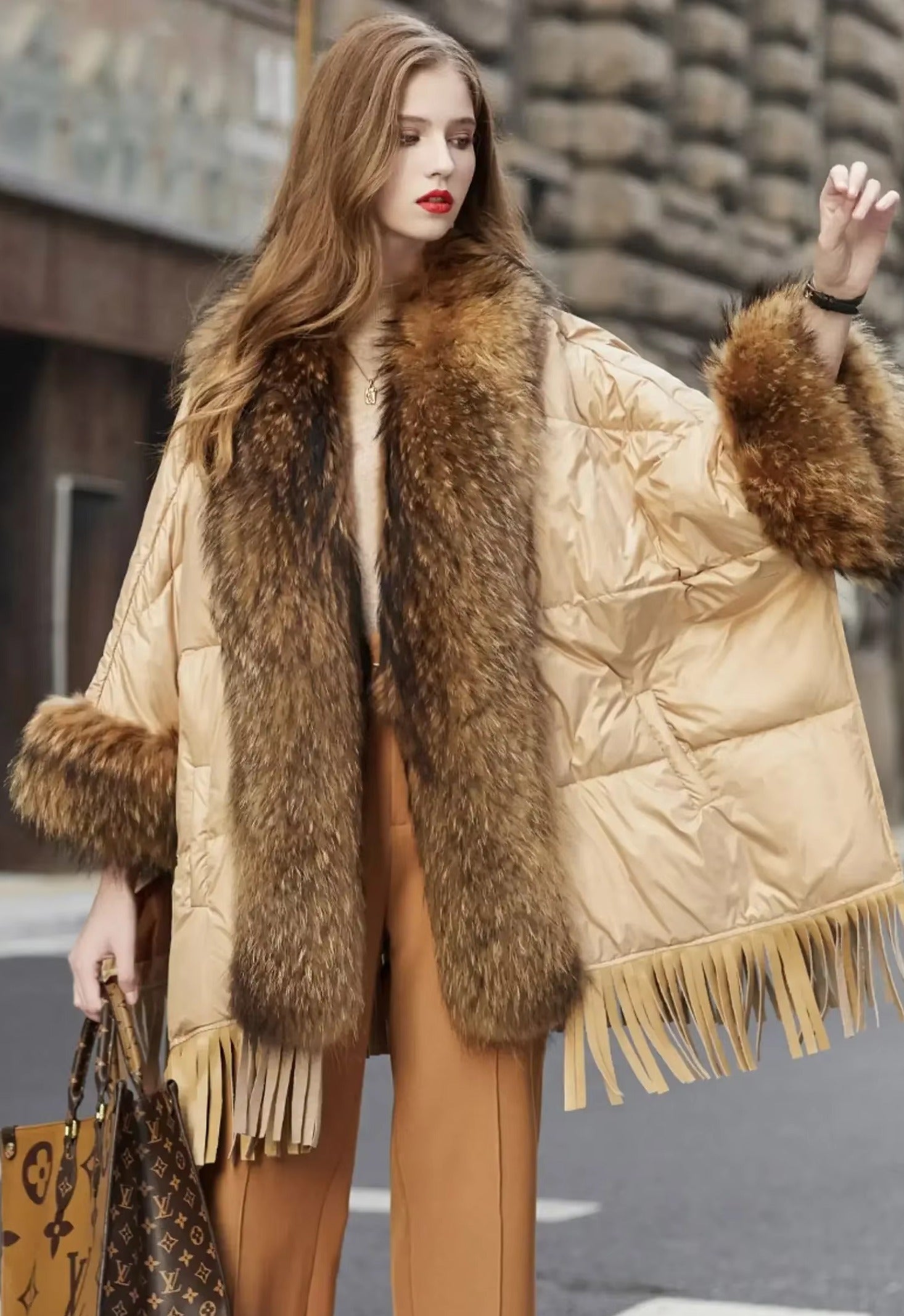 Trendy Bat Sleeved Covered Button Pockets Real Raccoon Fur Street wear Coat