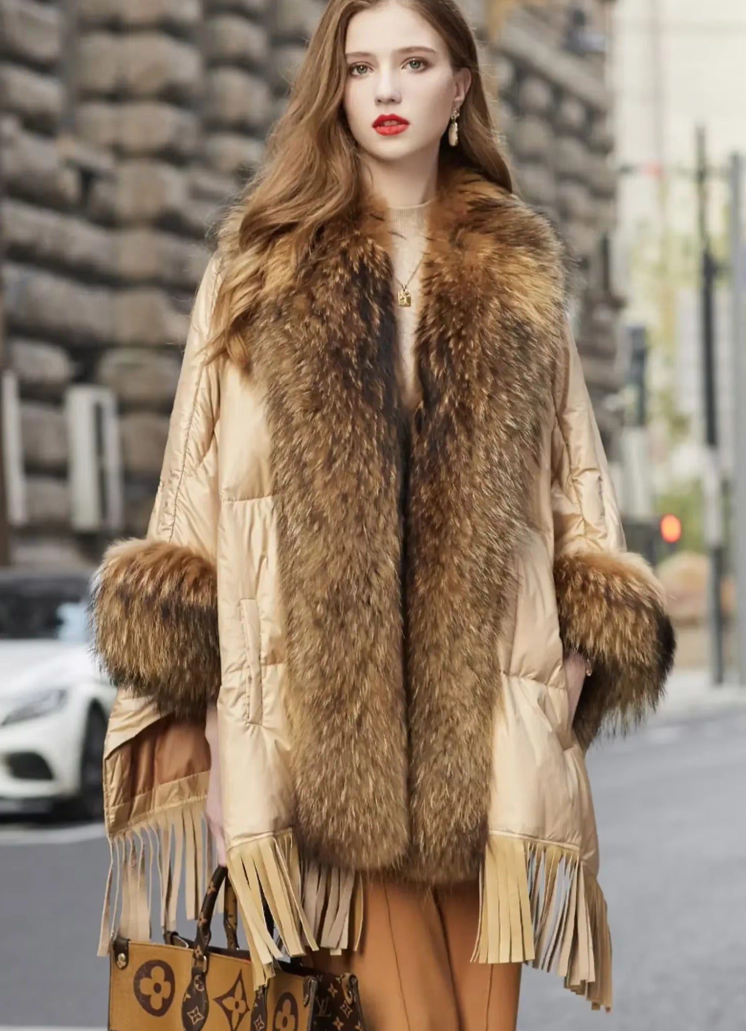 Trendy Bat Sleeved Covered Button Pockets Real Raccoon Fur Street wear Coat
