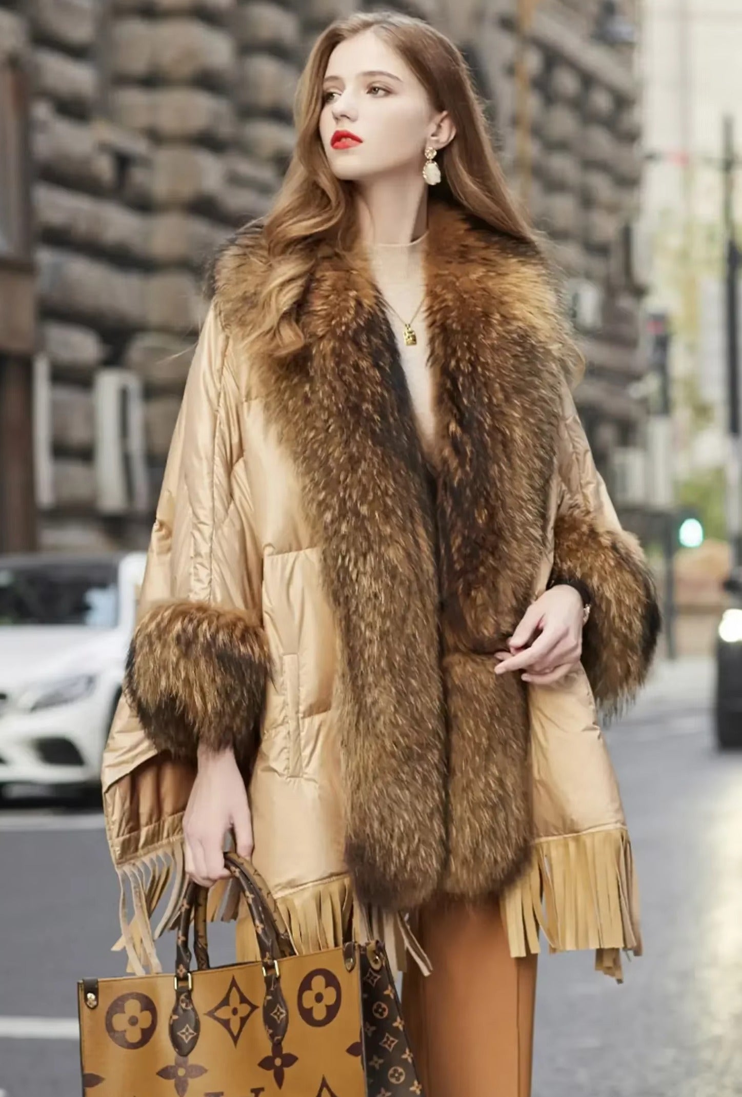 Trendy Bat Sleeved Covered Button Pockets Real Raccoon Fur Street wear Coat