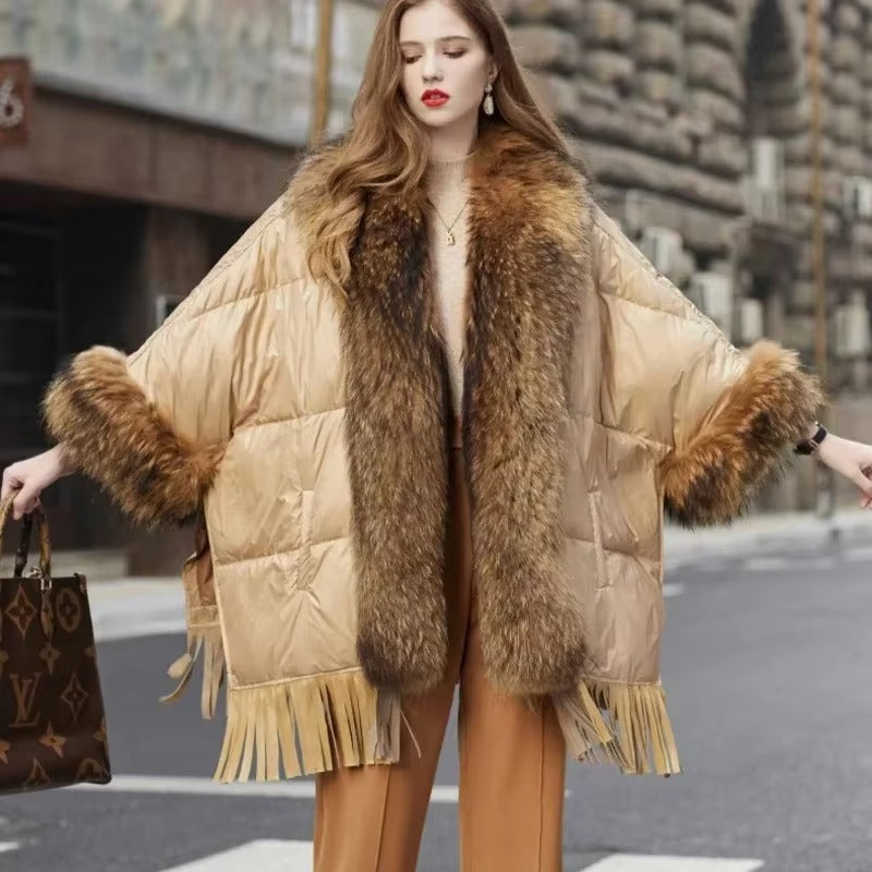 Trendy Bat Sleeved Covered Button Pockets Real Raccoon Fur Street wear Coat