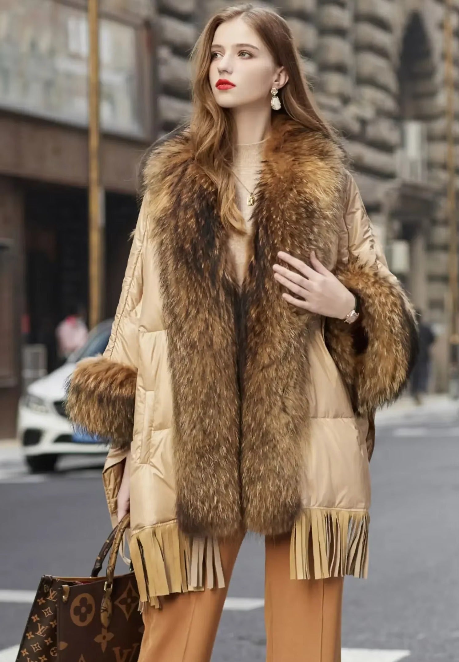 Trendy Bat Sleeved Covered Button Pockets Real Raccoon Fur Street wear Coat