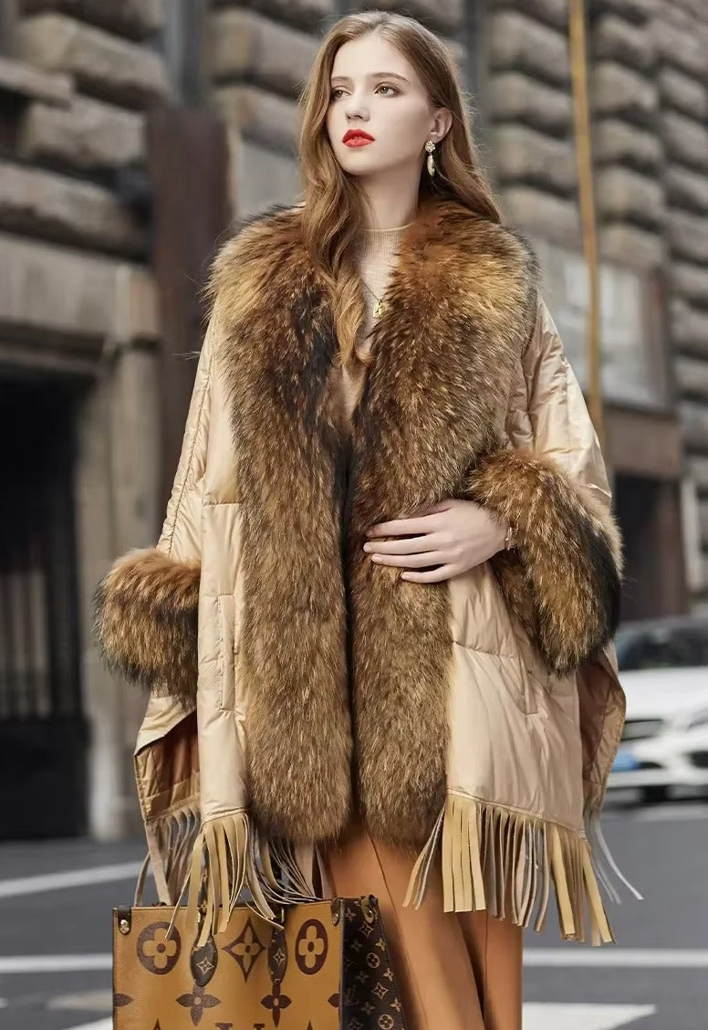 Trendy Bat Sleeved Covered Button Pockets Real Raccoon Fur Street wear Coat