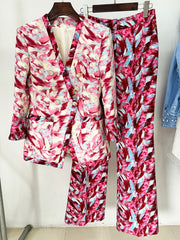 Trendy Double Breasted Sleeve Feather Printed Blazer Flare Pants Designer Suit Set
