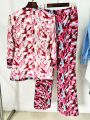 Trendy Double Breasted Sleeve Feather Printed Blazer Flare Pants Designer Suit Set