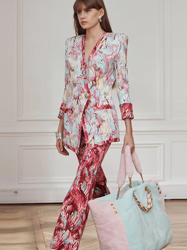 Trendy Double Breasted Sleeve Feather Printed Blazer Flare Pants Designer Suit Set
