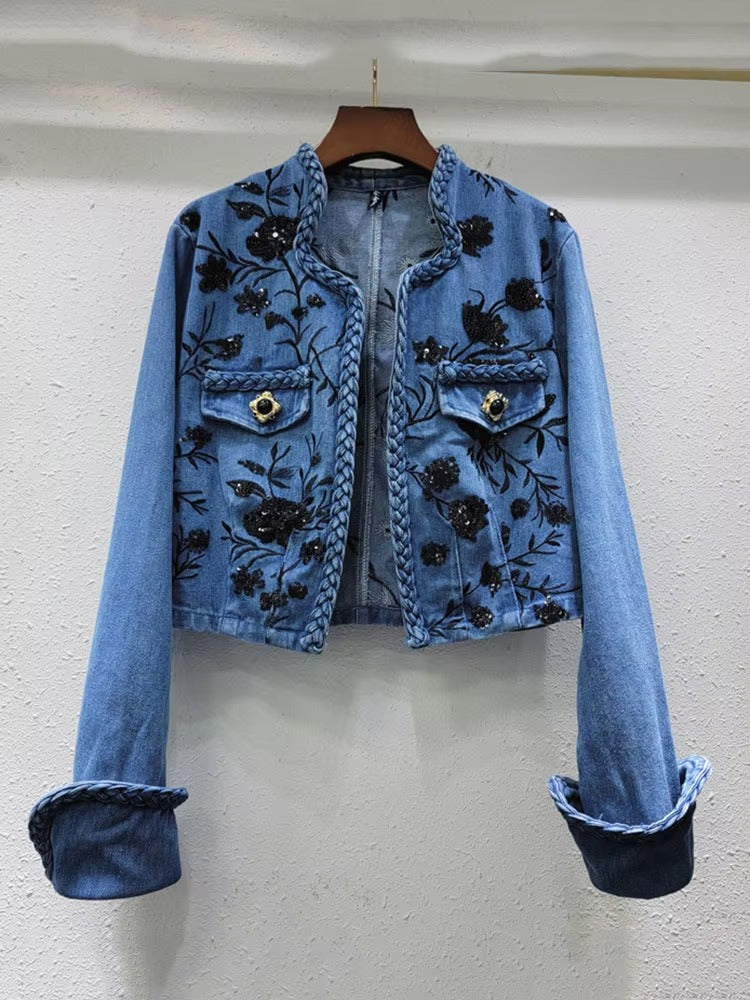Trendy Embroidery Sequins V-neck Long Sleeves Denim Jacket