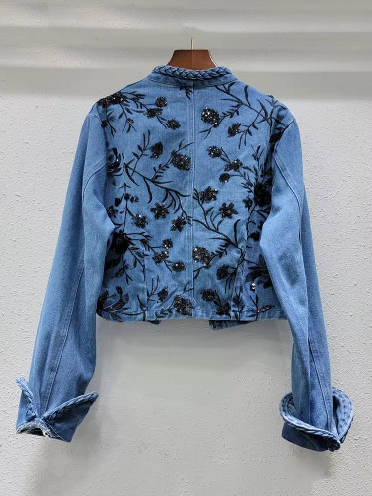 Trendy Embroidery Sequins V-neck Long Sleeves Denim Jacket