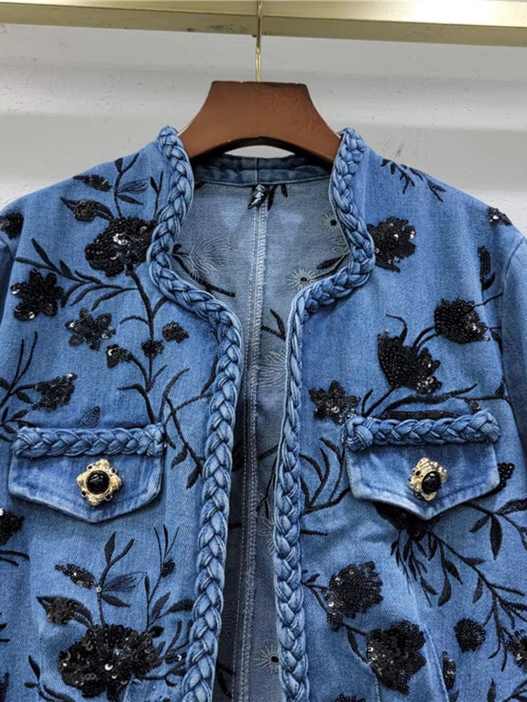 Trendy Embroidery Sequins V-neck Long Sleeves Denim Jacket