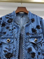Trendy Embroidery Sequins V-neck Long Sleeves Denim Jacket