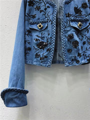 Trendy Embroidery Sequins V-neck Long Sleeves Denim Jacket