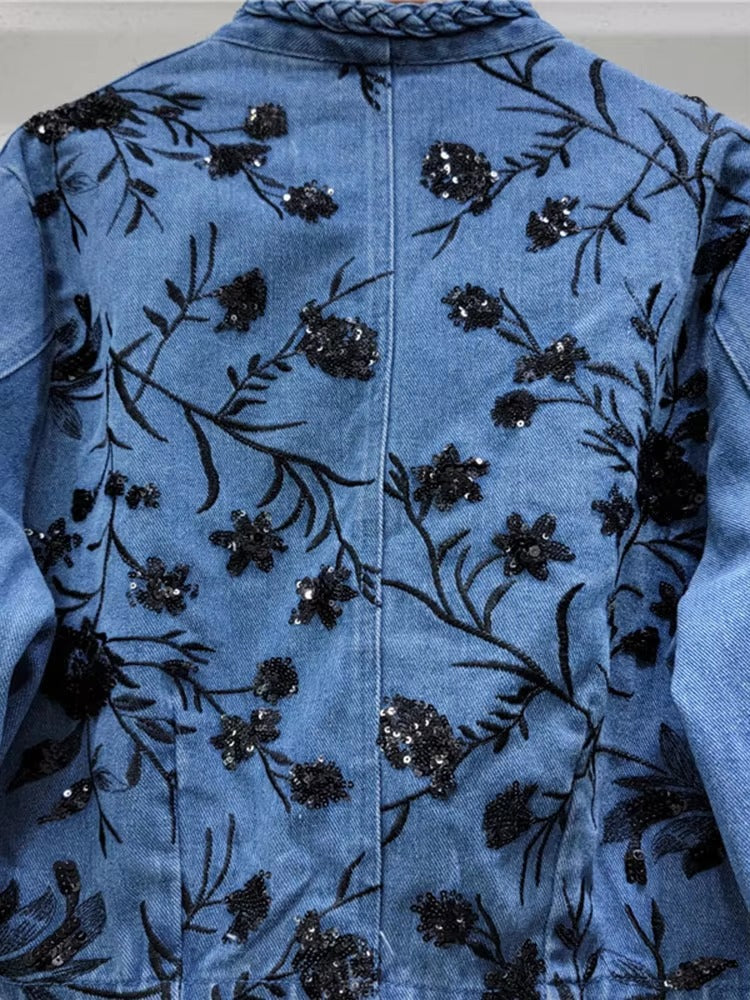 Trendy Embroidery Sequins V-neck Long Sleeves Denim Jacket