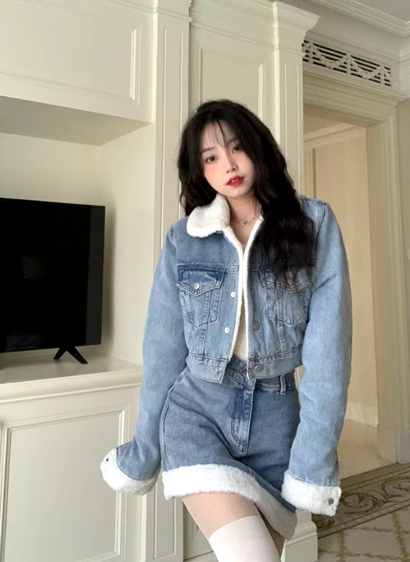 Trendy Lamb Wool Spliced Denim Short Sweet Cool Half Skirt Two Piece Set