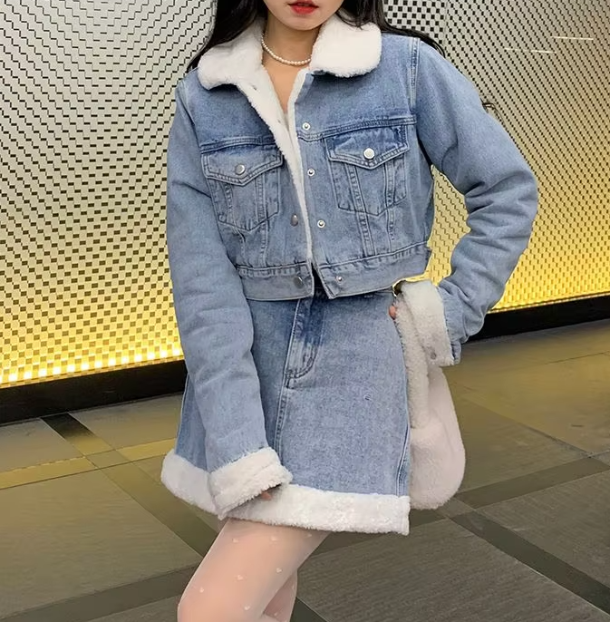 Trendy Lamb Wool Spliced Denim Short Sweet Cool Half Skirt Two Piece Set