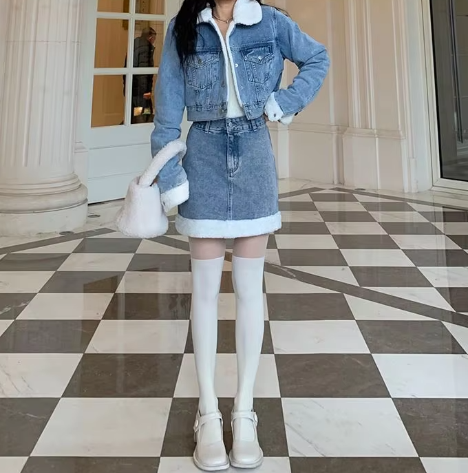 Trendy Lamb Wool Spliced Denim Short Sweet Cool Half Skirt Two Piece Set