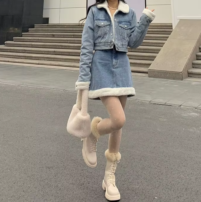 Trendy Lamb Wool Spliced Denim Short Sweet Cool Half Skirt Two Piece Set