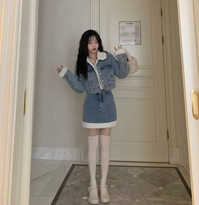 Trendy Lamb Wool Spliced Denim Short Sweet Cool Half Skirt Two Piece Set