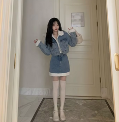 Trendy Lamb Wool Spliced Denim Short Sweet Cool Half Skirt Two Piece Set