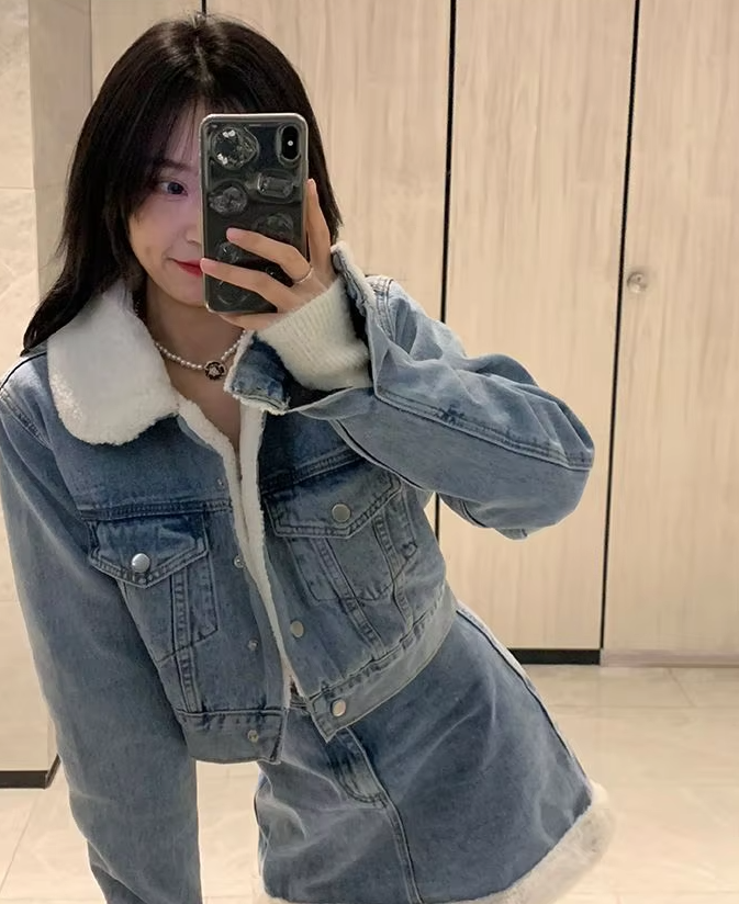 Trendy Lamb Wool Spliced Denim Short Sweet Cool Half Skirt Two Piece Set